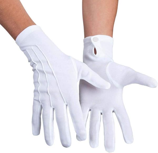 Extra large white gloves with snap closure, one size, adult, embr