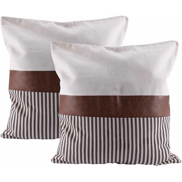 Sæt med 2 stribede patchwork pudebetræk Bondegårdsindretning, Moderne beige kunstlæder pudebetræk 18X18 tommer