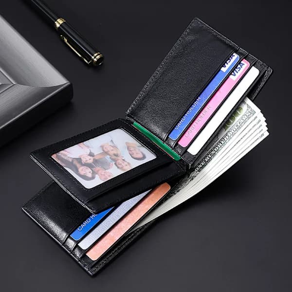 Sort herrepunge i læder, bifold, 11 cm L x 1,5 cm B x 8 cm H