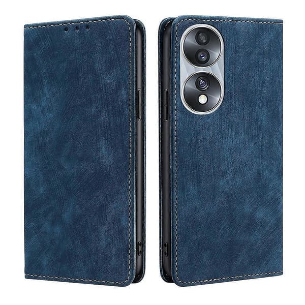 For Honor 70 RFID Tyverisikring Børste Magnetisk Lær Telefondeksel [DB] Blå Blue