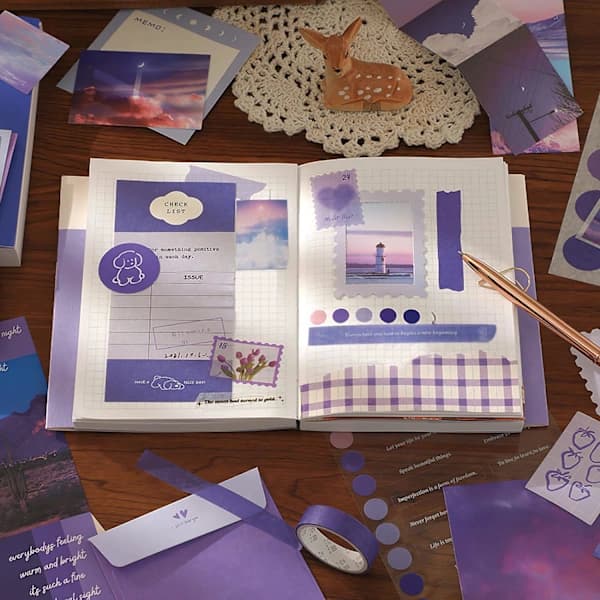 351-delt scrapbooking-tilbehørssæt, lilla æstetisk bullet journal scrapbog-kit med A6-notesbog med tern