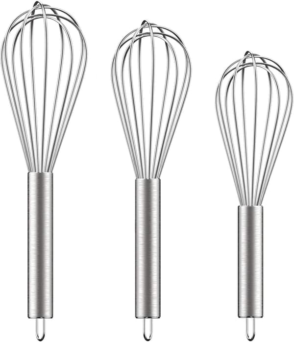 3 stk. visper i rustfritt stål 8\"+10\"+12\", vispesett i metall