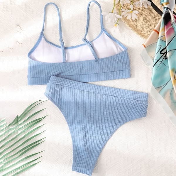 Ribbad bikini med hög midja för kvinnor, ljusblå M-US8 Blå M Blå M Blue M