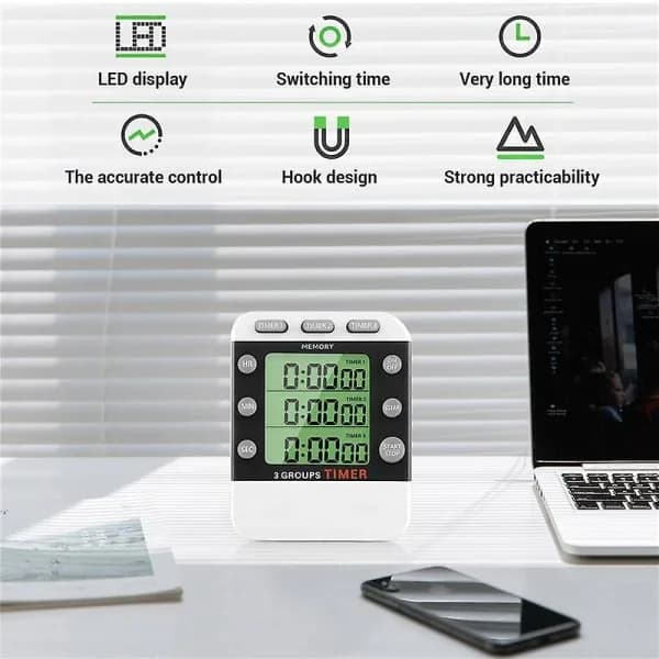 Digital dubbel kökstimer, 3-kanals upp/ner-timer, trippel matlagningstimer, display, högt alarm, lämplig för olika scenarier