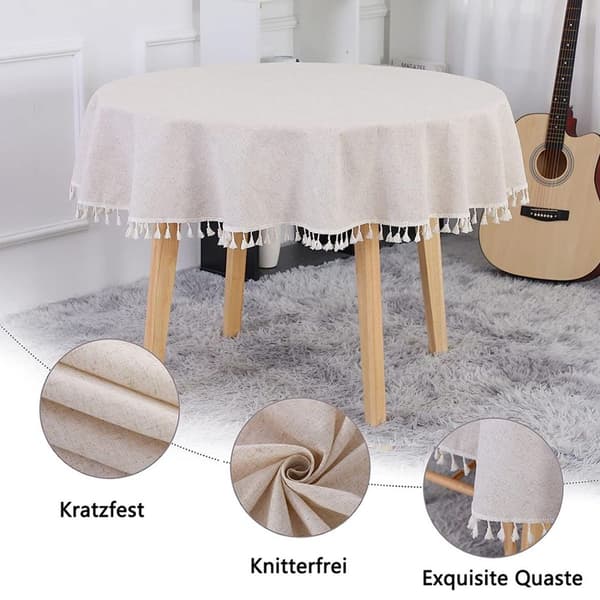 Beige rund duk 150 cm vaskbar lin bomullsduk rynkefri KLB