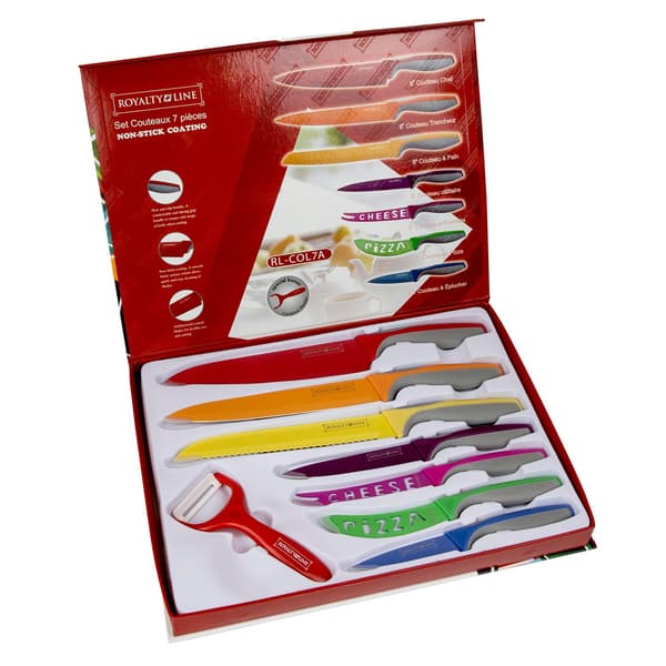 Flerfarget knivsett med 7 kniver og potetskreller multifärg multicolor