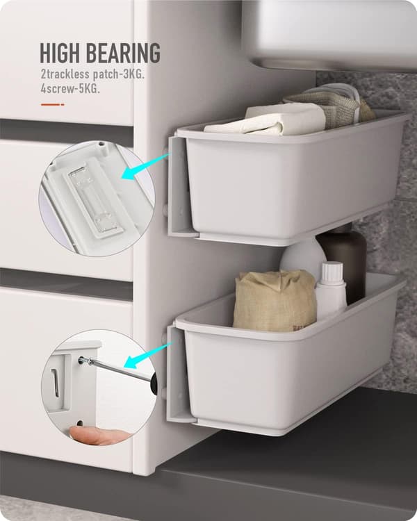 Bathroom Cabinet Organizers with Pull-Out Baskets, Wall-Mounted Sliding Storage Baskets Under Sink (Grey)