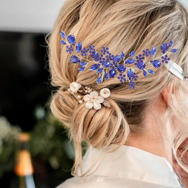 blå brudehårkam med rhinestone, metallkam for bryllupsfrisyrer -
