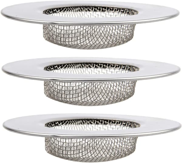 Tre vaskesier/vaskepropper i rustfrit stål, velegnet til vaske med en indvendig diameter på 4,5-5,5 cm.