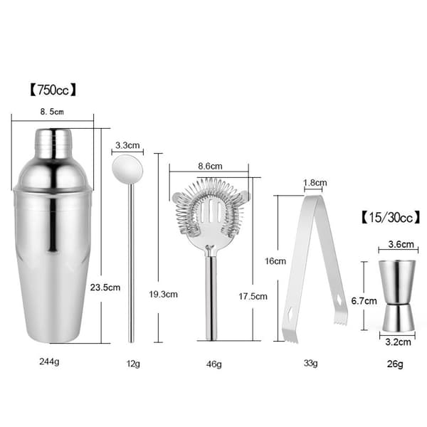 Cocktail Shaker Sett 5 deler - 750ml