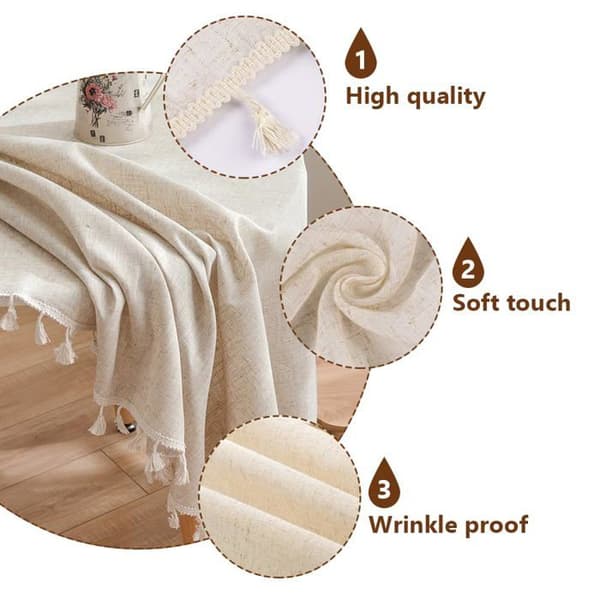 Beige flekkbestandig duk med dusker, vaskbar, 140×100cm rektangulær bomullsduk til spisestue, beige flekkbestandig duk