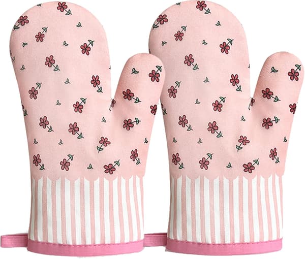 1 Pair (Pink Flower) Oven Mitts, Kitchen Gloves, BBQ Glove