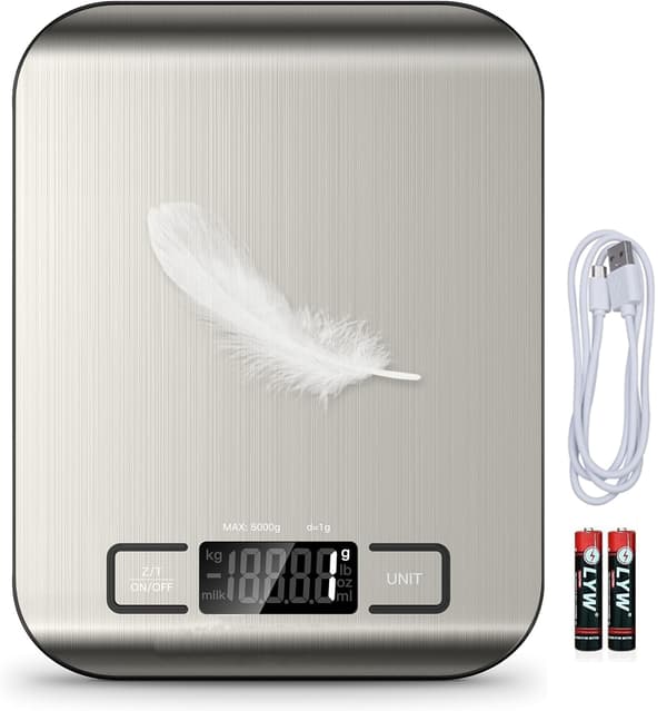 Precision Kitchen Scale 1g to 5kg with Tare Function 6 Units USB Rechargeable Digital Food Scale Silver