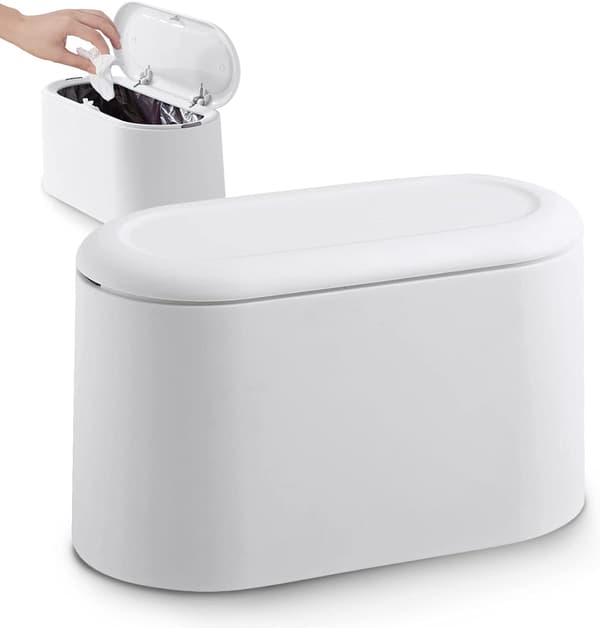 Small Tabletop Trash Can with Push Button Lid for Office, Bathroom, Kitchen, and Bedroom, Pet Food Storage
