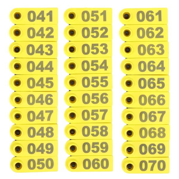 100 stk. nummererte øremerker for dyr, holdbare, egnet for storfe, sau og geit, smertelindrende, langvarig lesbar, gul