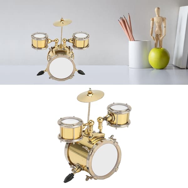 Copper Miniature Drum Set with Case, Miniature Percussion Instrument Model, Dollhouse Decoration