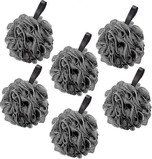 Exfoliating Body Brush Puff Scrub Sponge Ball Mesh Bath Loofah Black 6-pack Gift