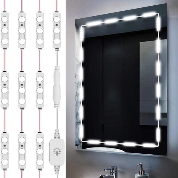 Injection Molded Protective Vanity Lights, Customize Mirror Size, Hollywood Style, Easy To Install, Smart Memory Function, Adhesive On Back For
