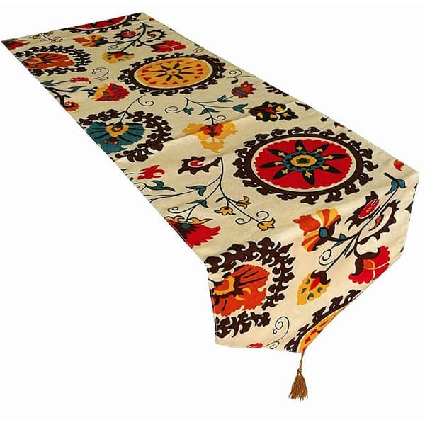 Ethnic Floral Patterned Cotton Linen Blend Reversible Table Runner (11.8 inch x 78 inch)