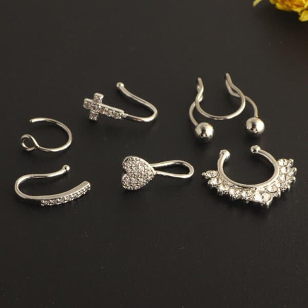 6-Pack Fake Septum Nose Piercing Nose Ring Without Hole Silver_qq
