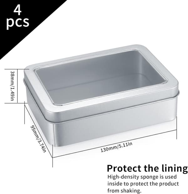 Allecto Premium - Set of 4 Mini Tin Boxes - Rectangular Storage Boxes Silver - Perfect for Sweets and Gifts - 12.5 x 9 x 3.5 cm