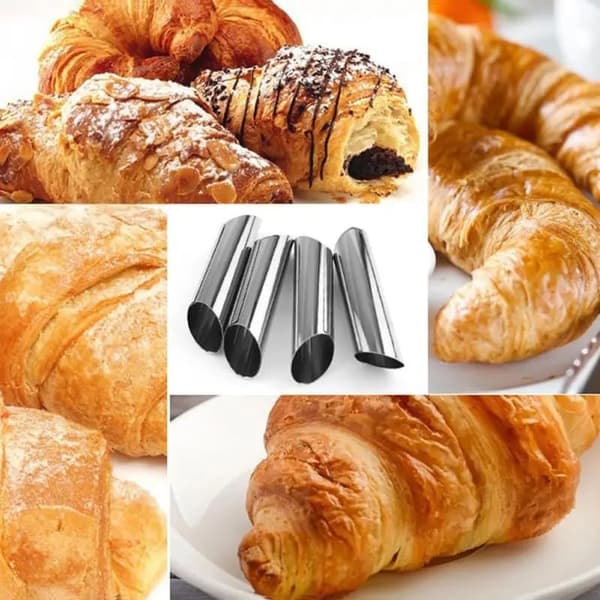 5 stykker cylindriske flødehornforme i rustfrit stål, cannoliforme, non-stick fylderør til danske kager og bageforme til croissant-skaller.