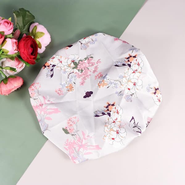 Sovehætte til krøllet hår af polyester med kreativt blomstermønster åndbar makeuphætte og nathue til kvinder til hårbeskyttelse til vask -