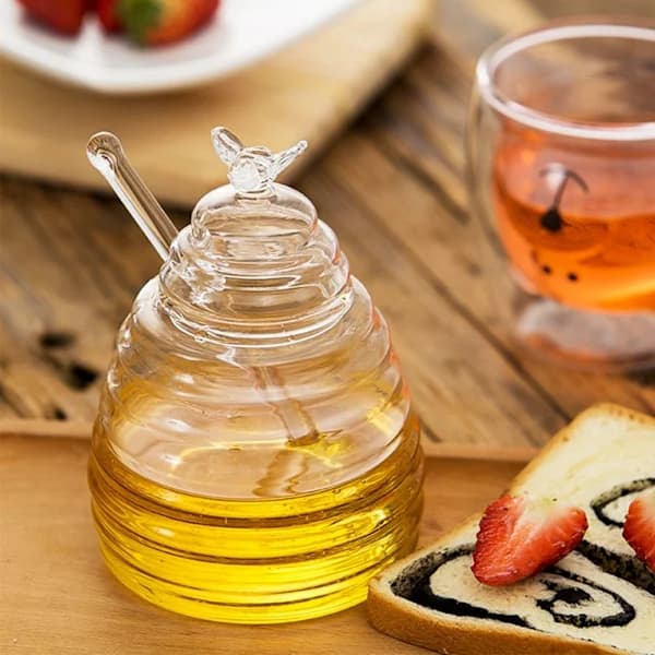 Honey Jar with Dipper and Lid, Glass Honey Storage Container, Beehive
