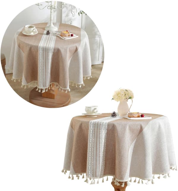 Round Tablecloth, Wrinkle-Resistant Polyester with Tassels, Dining Patio Picnic, Brown, 55 Inch 140 cm Diameter
