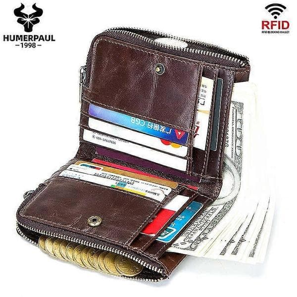 Practical and Beautiful Humerpaul Genuine Leather RFID Blocking Double Zipper Men's Wallet Bifold Slim Horizontal Wallet