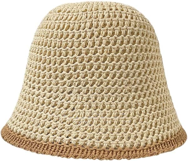 Dam Sommar Solhatt Mode Virkad Stickad Vikbar Strand Handvävd Bomull Beige En Storlek