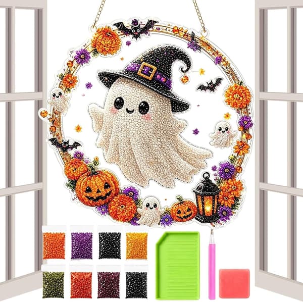 Halloween Edelsteinbild katter spøkelse flat akryl-glitter dekorasjon hvit - Weiß