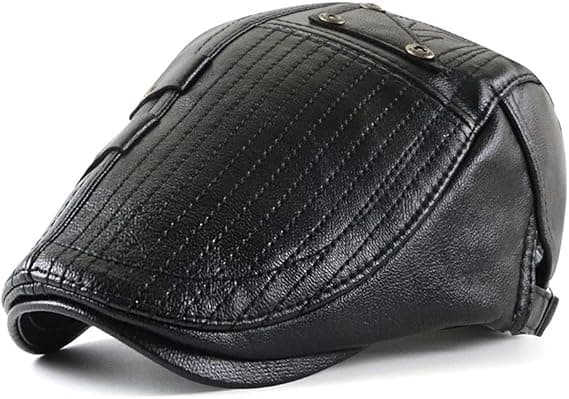 Men's Flat Cap Hat Adjustable Flat Beret PU Leather 56-60cm