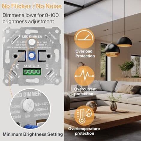 230V LED Dimmer Switch, Compatible with 5-250W LED/Halogen Lamps, Flush-mounted, with White Cover Plate and Without Brackets.