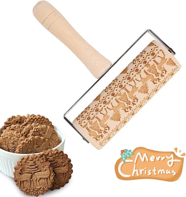 Natural Beechwood Embossed Rolling Pin for Baking Gifts, Moisture-Resistant Decorative Pattern Rolling Pin with Deeply Engraved Christmas Theme for