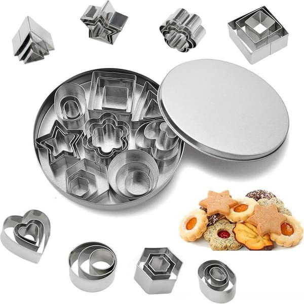 Silver Cake Decorating Set - 24 Metal Cookie Cutters with Storage Box - Baking Tools for Kitchen & Modeling Clay - Compatible with Various Brands