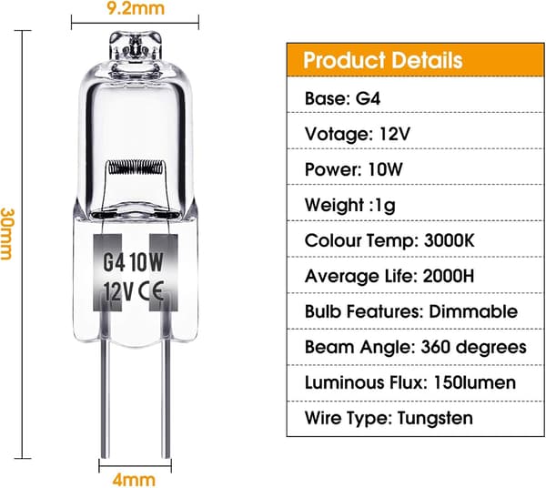 G4 halogenlampor 10W 12V - Varmvit - 20-pack 10W 10W 10W