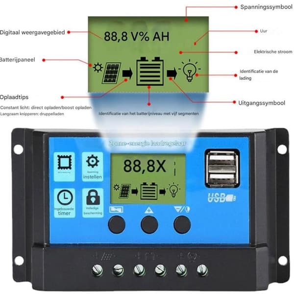 Solar Inverter - 30A Charge Controller - Black - 12V/24V - LCD Display - Home Use - Length: 14 cm / Width: 7.5 cm / Height: 4 cm