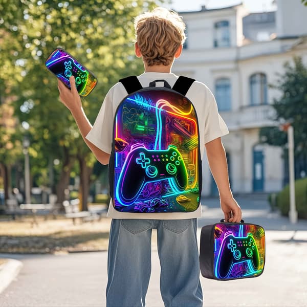Trendy Patterned Backpack, Large Capacity Bookbag Three-Piece Set for Men (FMY) Model B Neon Model B Neon