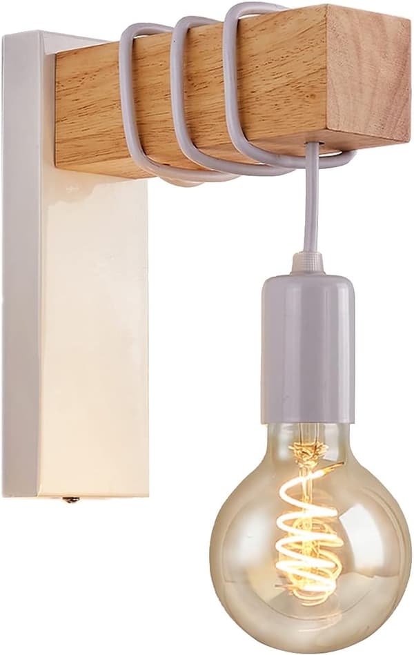 (Vit) Moderne væglampe i metal og træ, indendørs lampe, E27