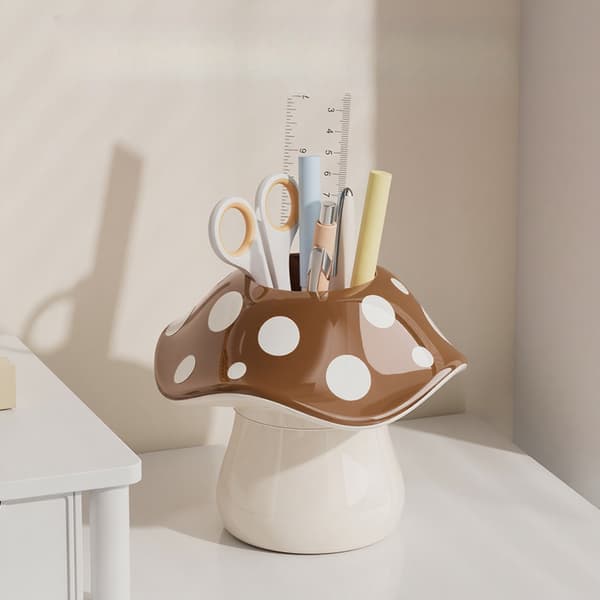 Cute Mushroom Storage Box with Dotted Lid, Multifunctional Desktop Organizer for Pens, Makeup Brushes, and Accessories