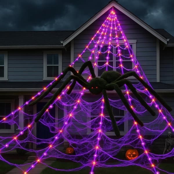 Halloween-dekoration – 5M edderkoppespind LED-lyskæde med 250 LED-pærer og sort edderkop til hjem og have