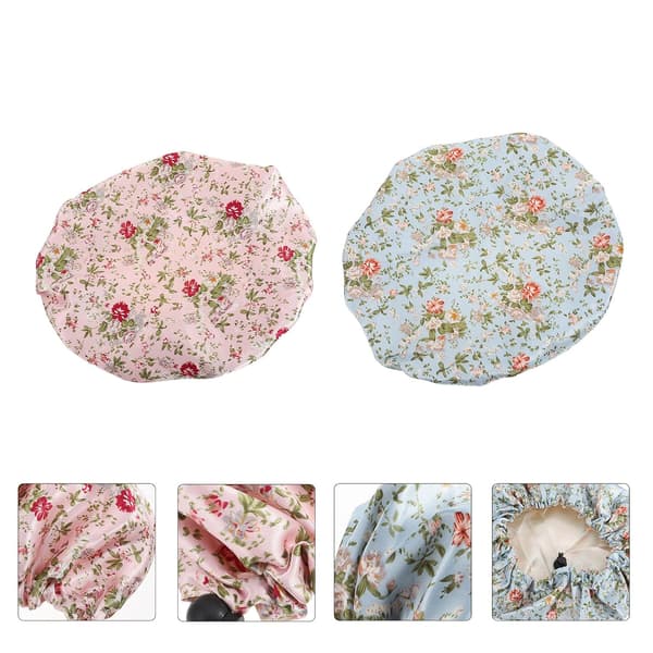 2 st sovhattar av ventilerande polyester med elastisk design och justerbar resår, delikat blommönster för skydd vid sömn och dusch -