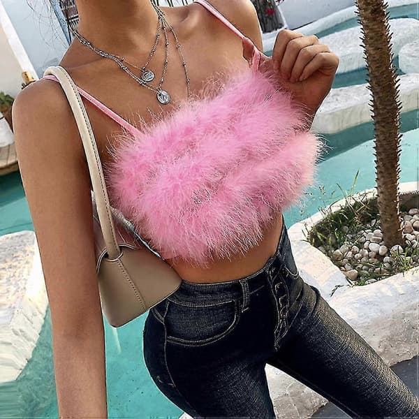 Ryggløs stroppeløs BH, pels crop top, fluffy tank top, glitrende topp, stropp bralette