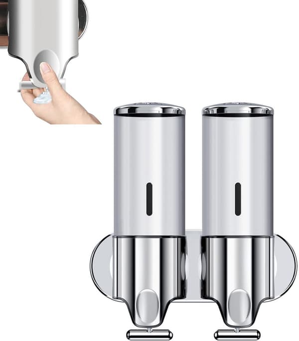 2-i-1 Vægmonteret Sæbedispenser, 2x500ml, Sølv, til Køkken & Badeværelse