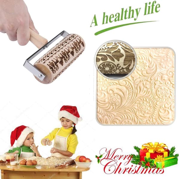 Natural Beechwood Embossed Rolling Pin for Baking Gifts, Moisture-Resistant Decorative Pattern Rolling Pin with Deeply Engraved Christmas Theme for