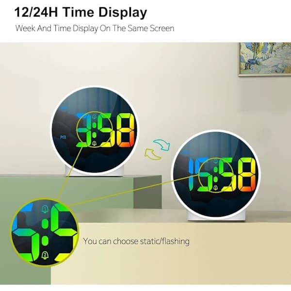 Hvid lille digital vækkeur med LED-display, ugedagsvisning, 2 alarmer, A