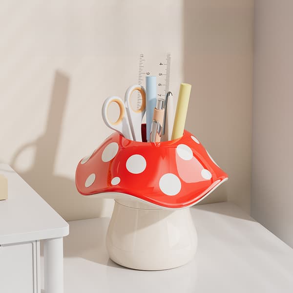Cute Mushroom Storage Box with Dotted Lid, Multifunctional Desktop Organizer for Pens, Makeup Brushes, and Accessories