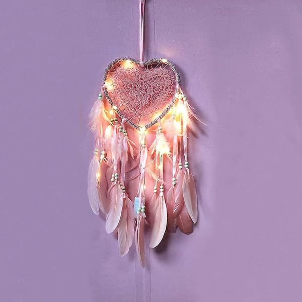 Drømmefanger (20*45cm lyserød, lys), Boho-stil LED-lampe håndlavet til bil soveværelsesdekoration, romantisk væghængende drømmefanger