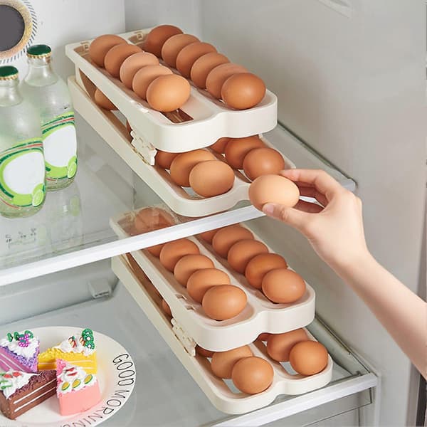 Automatic Rolling Egg Dispenser 2-Tier Egg Holder Large Capacity Smooth Edge Burr-Free Egg Storage Tray for Refrigerator L